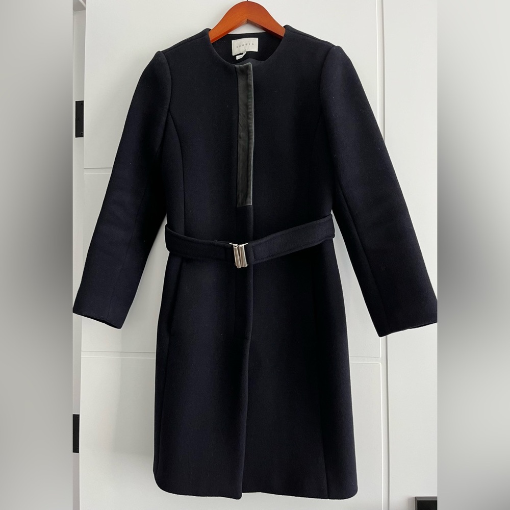 Sandro dark navy wool belted coat